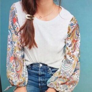 Anthropologie Maybelle Bird Peacock Tie Sleeve Blouse